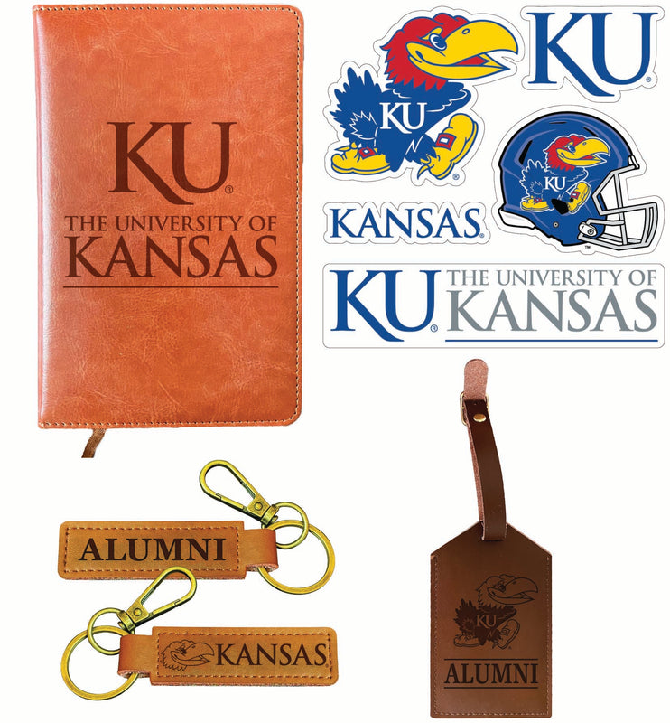 Kansas Jayhawks Officially Licensed College Graduation Gift Set – Engraved Leather Journal, Leather Alumni Keychain, Luggage Tag & 5-Pack Stickers 