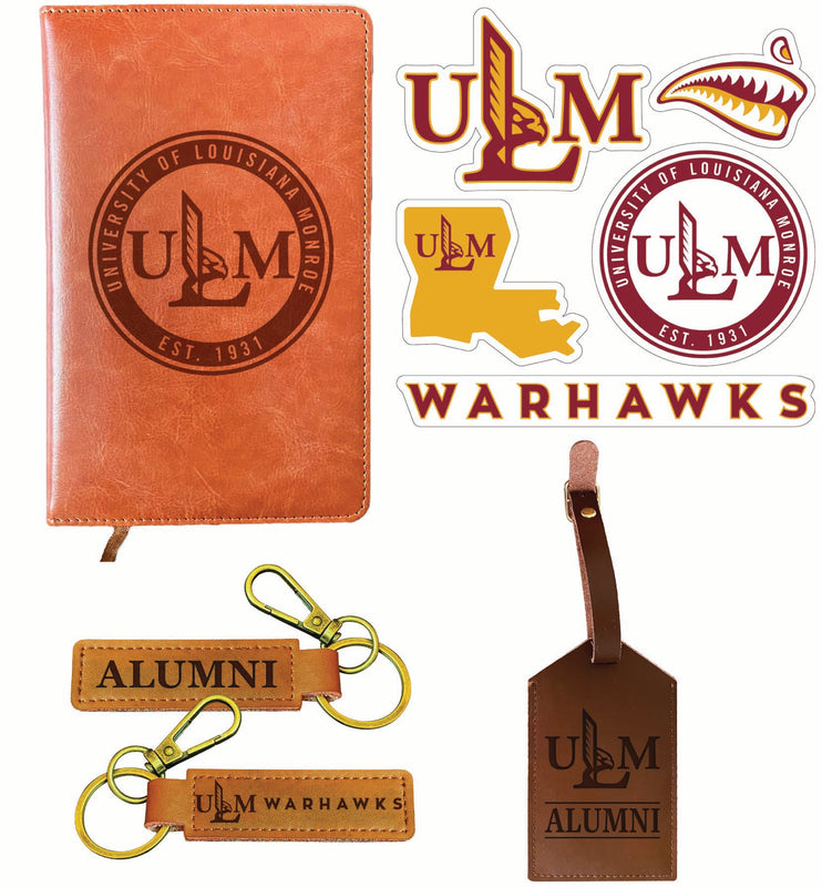 University of Louisiana Monroe Officially Licensed College Graduation Gift Set – Engraved Leather Journal, Leather Alumni Keychain, Luggage Tag & 5-Pack Stickers 