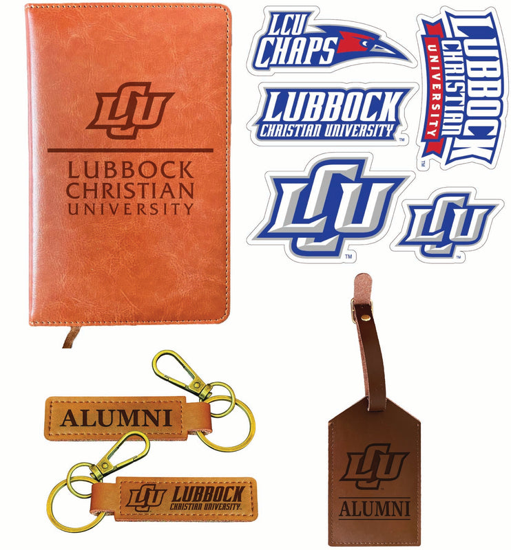 Lubbock Christian University Chaparral Officially Licensed College Graduation Gift Set – Engraved Leather Journal, Leather Alumni Keychain, Luggage Tag & 5-Pack Stickers 