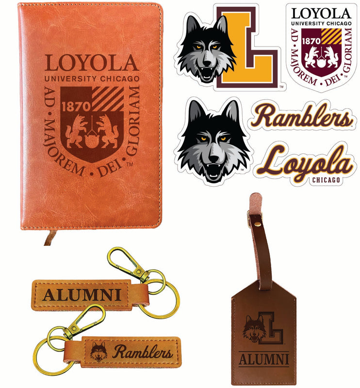 Loyola University Ramblers Officially Licensed College Graduation Gift Set – Engraved Leather Journal, Leather Alumni Keychain, Luggage Tag & 5-Pack Stickers 