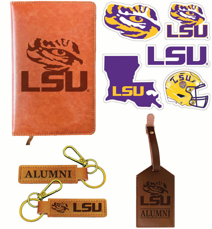 LSU Tigers Officially Licensed College Graduation Gift Set – Engraved Leather Journal, Leather Alumni Keychain, Luggage Tag & 5-Pack Stickers 