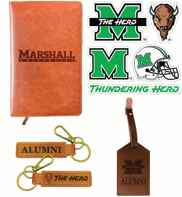 Marshall Thundering Herd Officially Licensed College Graduation Gift Set – Engraved Leather Journal, Leather Alumni Keychain, Luggage Tag & 5-Pack Stickers 