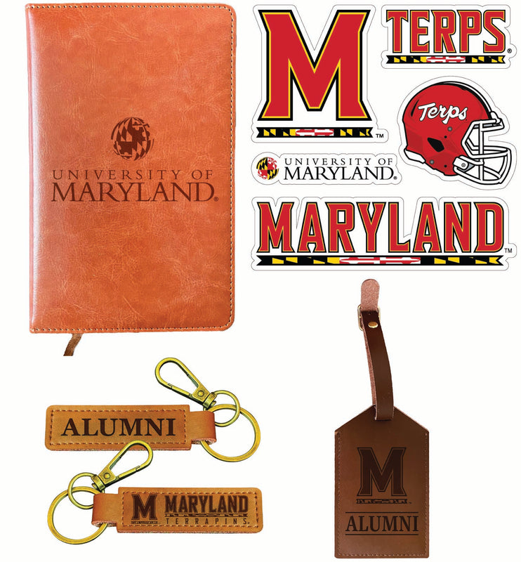Maryland Terrapins Officially Licensed College Graduation Gift Set – Engraved Leather Journal, Leather Alumni Keychain, Luggage Tag & 5-Pack Stickers 