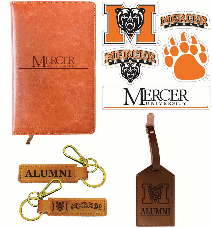 Mercer University Officially Licensed College Graduation Gift Set – Engraved Leather Journal, Leather Alumni Keychain, Luggage Tag & 5-Pack Stickers 