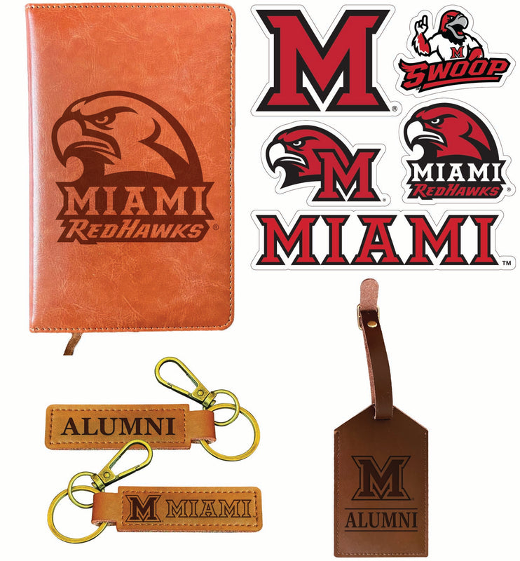 Miami University of Ohio Officially Licensed College Graduation Gift Set – Engraved Leather Journal, Leather Alumni Keychain, Luggage Tag & 5-Pack Stickers 