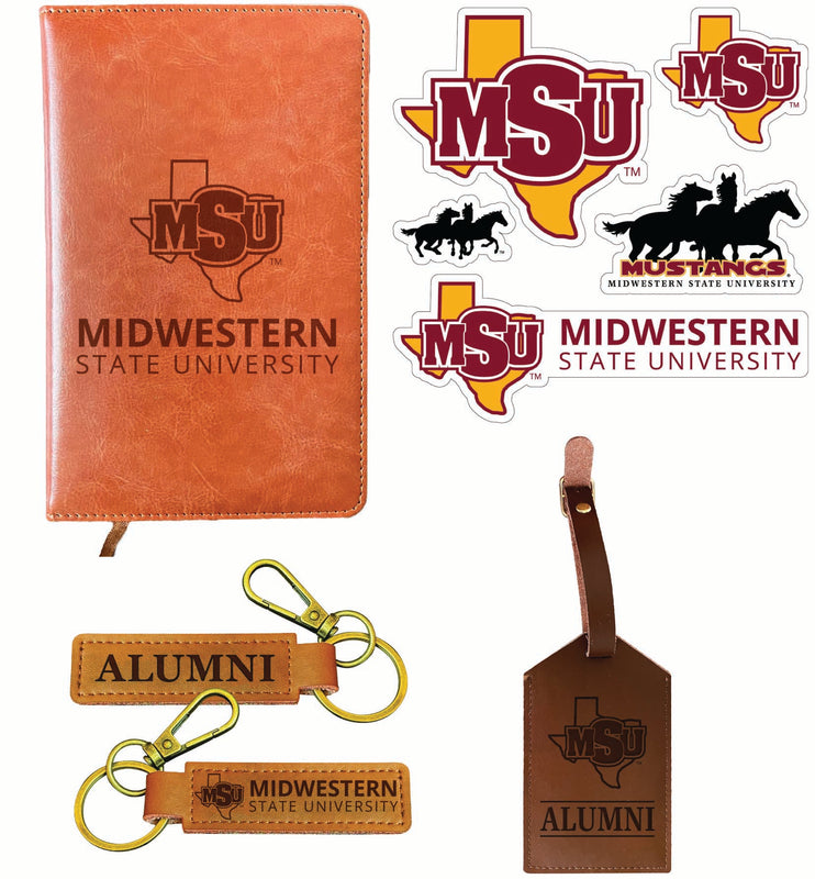 Midwestern State University Mustangs Officially Licensed College Graduation Gift Set – Engraved Leather Journal, Leather Alumni Keychain, Luggage Tag & 5-Pack Stickers 