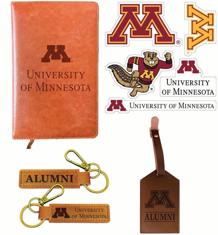 Minnesota Gophers Officially Licensed College Graduation Gift Set – Engraved Leather Journal, Leather Alumni Keychain, Luggage Tag & 5-Pack Stickers 
