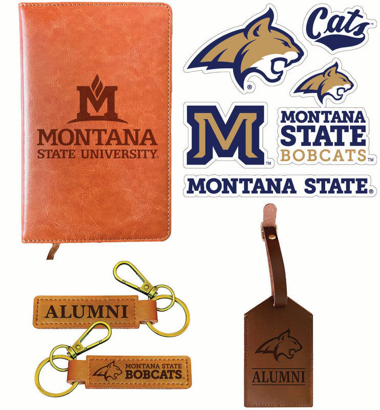 Montana State Bobcats Officially Licensed College Graduation Gift Set – Engraved Leather Journal, Leather Alumni Keychain, Luggage Tag & 5-Pack Stickers 