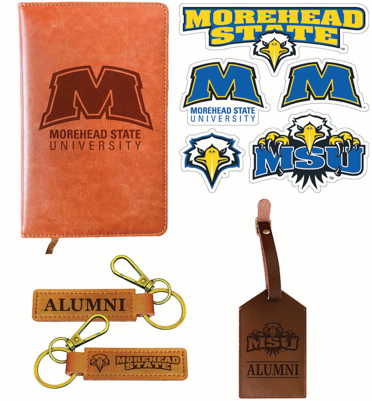 Morehead State University Officially Licensed College Graduation Gift Set – Engraved Leather Journal, Leather Alumni Keychain, Luggage Tag & 5-Pack Stickers 