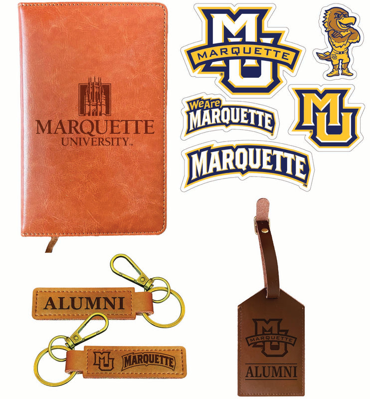 Marquette Golden Eagles Officially Licensed College Graduation Gift Set – Engraved Leather Journal, Leather Alumni Keychain, Luggage Tag & 5-Pack Stickers 