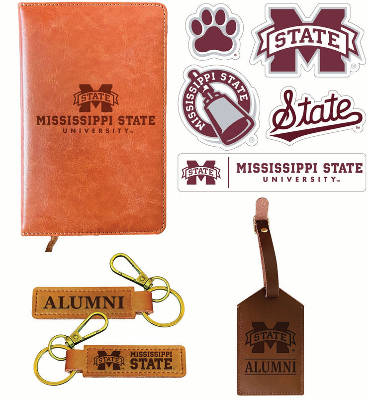 Mississippi State Bulldogs Officially Licensed College Graduation Gift Set – Engraved Leather Journal, Leather Alumni Keychain, Luggage Tag & 5-Pack Stickers 