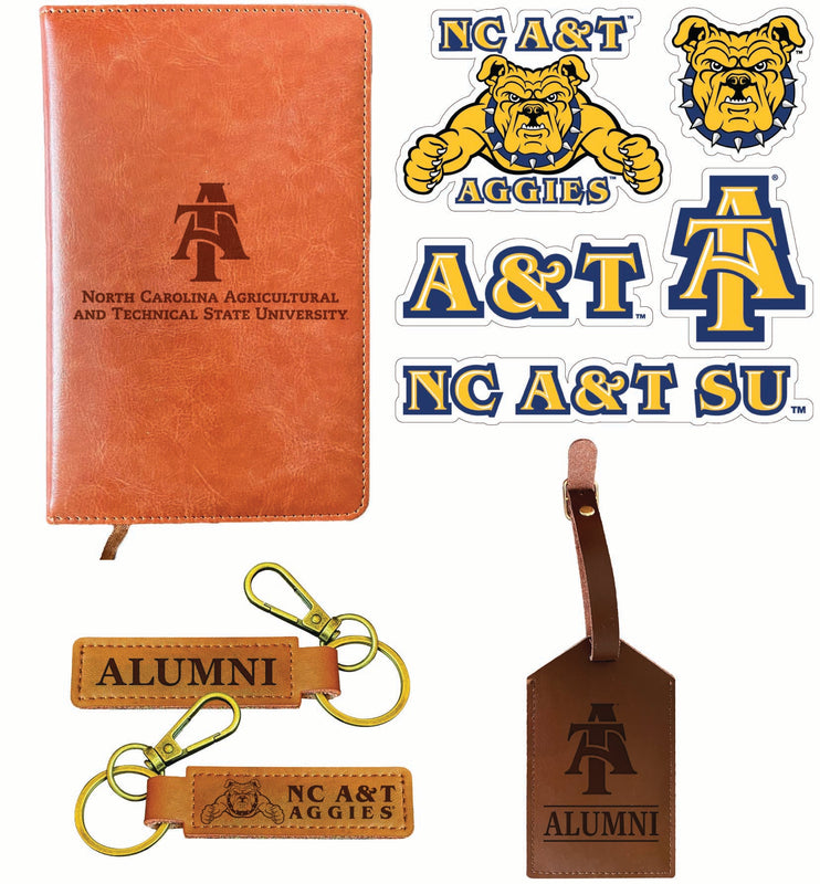 North Carolina A&T State Aggies Officially Licensed College Graduation Gift Set – Engraved Leather Journal, Leather Alumni Keychain, Luggage Tag & 5-Pack Stickers 