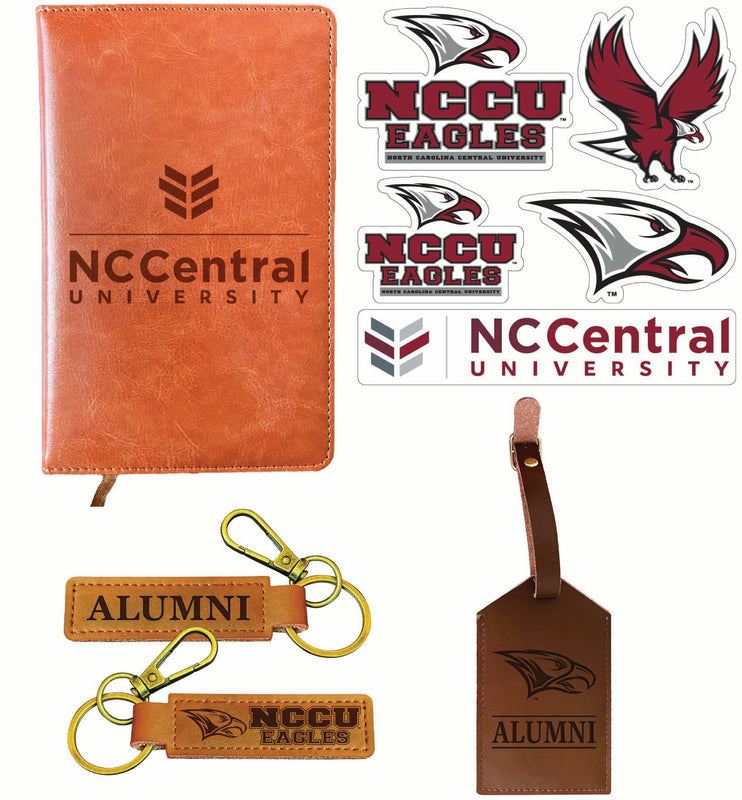 North Carolina Central Eagles Officially Licensed College Graduation Gift Set – Engraved Leather Journal, Leather Alumni Keychain, Luggage Tag & 5-Pack Stickers 