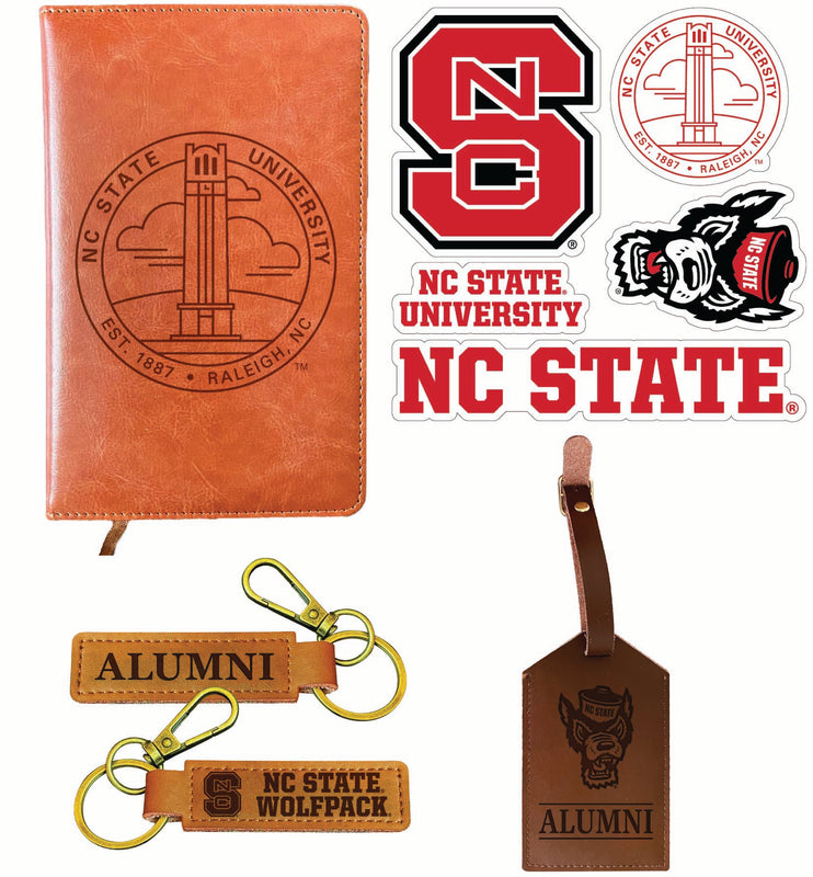 NC State Wolfpack Officially Licensed College Graduation Gift Set – Engraved Leather Journal, Leather Alumni Keychain, Luggage Tag & 5-Pack Stickers 