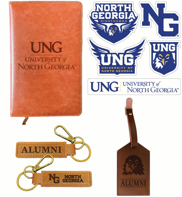North Georgia Nighhawks Officially Licensed College Graduation Gift Set – Engraved Leather Journal, Leather Alumni Keychain, Luggage Tag & 5-Pack Stickers 