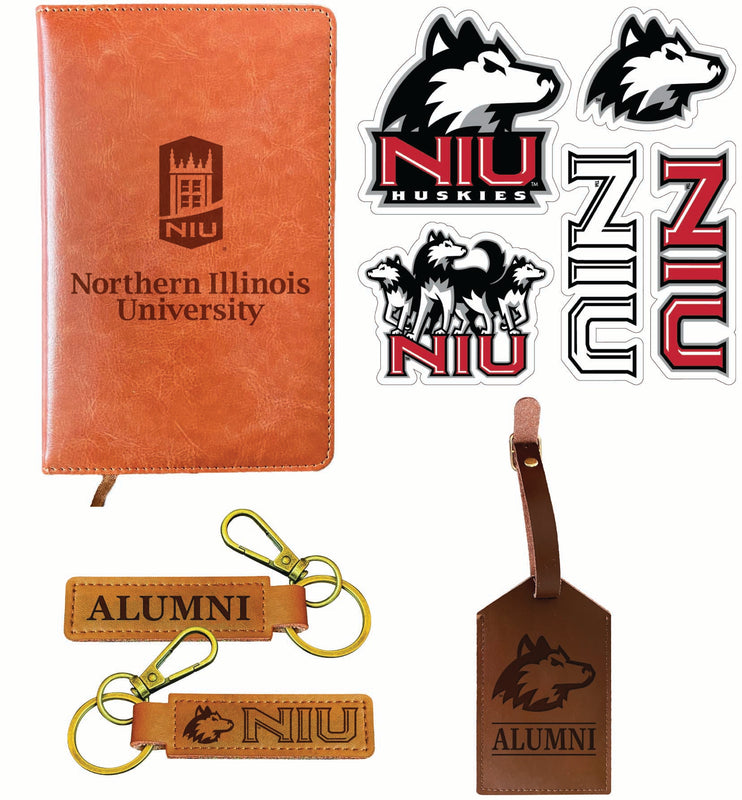 Northern Illinois Huskies Officially Licensed College Graduation Gift Set – Engraved Leather Journal, Leather Alumni Keychain, Luggage Tag & 5-Pack Stickers 