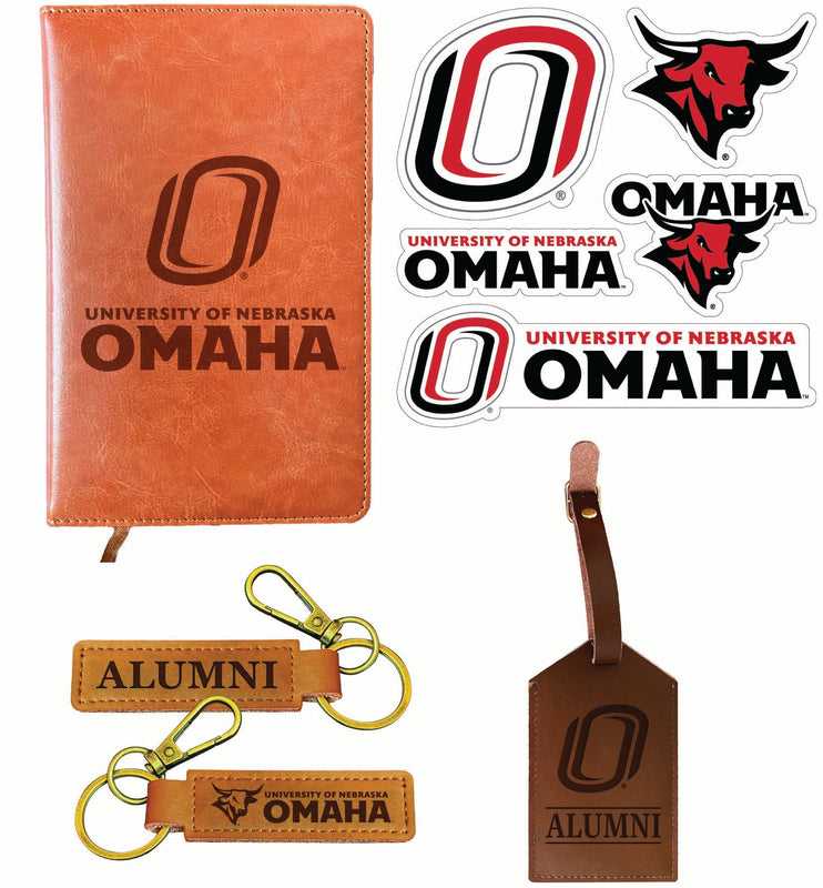 Nebraska at Omaha Officially Licensed College Graduation Gift Set – Engraved Leather Journal, Leather Alumni Keychain, Luggage Tag & 5-Pack Stickers 