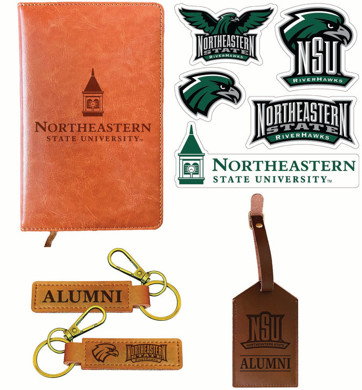 Northeastern State University Riverhawks Officially Licensed College Graduation Gift Set – Engraved Leather Journal, Leather Alumni Keychain, Luggage Tag & 5-Pack Stickers 