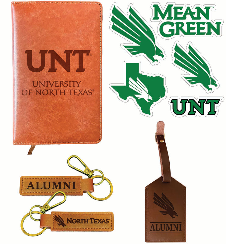 North Texas Officially Licensed College Graduation Gift Set – Engraved Leather Journal, Leather Alumni Keychain, Luggage Tag & 5-Pack Stickers 