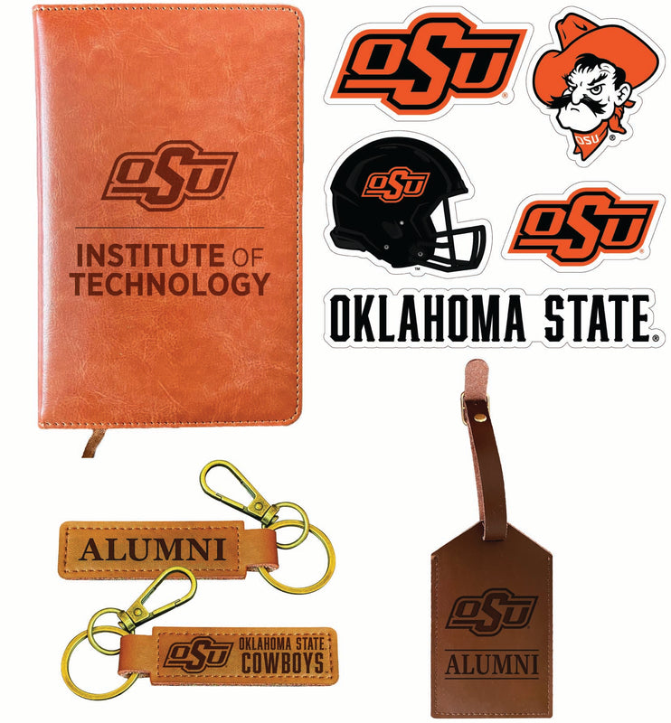 Oklahoma State Cowboys Officially Licensed College Graduation Gift Set – Engraved Leather Journal, Leather Alumni Keychain, Luggage Tag & 5-Pack Stickers 