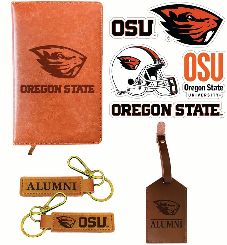 Oregon State Beavers Officially Licensed College Graduation Gift Set – Engraved Leather Journal, Leather Alumni Keychain, Luggage Tag & 5-Pack Stickers 