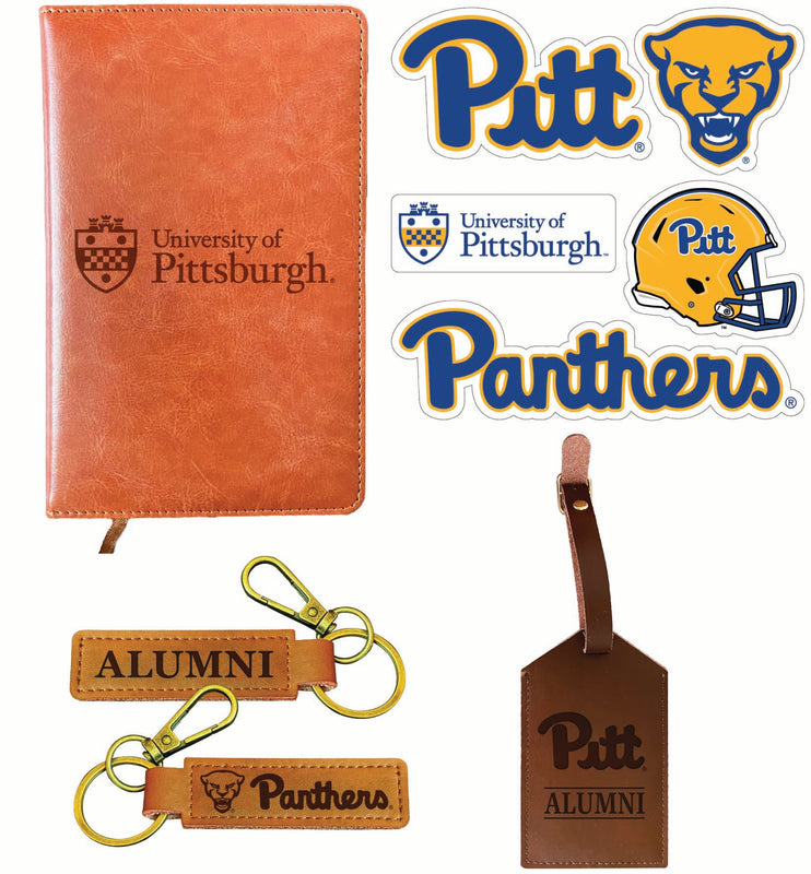 Pittsburgh Panthers Officially Licensed College Graduation Gift Set – Engraved Leather Journal, Leather Alumni Keychain, Luggage Tag & 5-Pack Stickers 