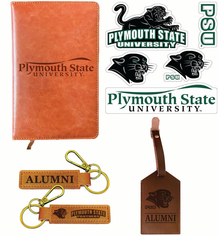 Plymouth State University Officially Licensed College Graduation Gift Set – Engraved Leather Journal, Leather Alumni Keychain, Luggage Tag & 5-Pack Stickers 