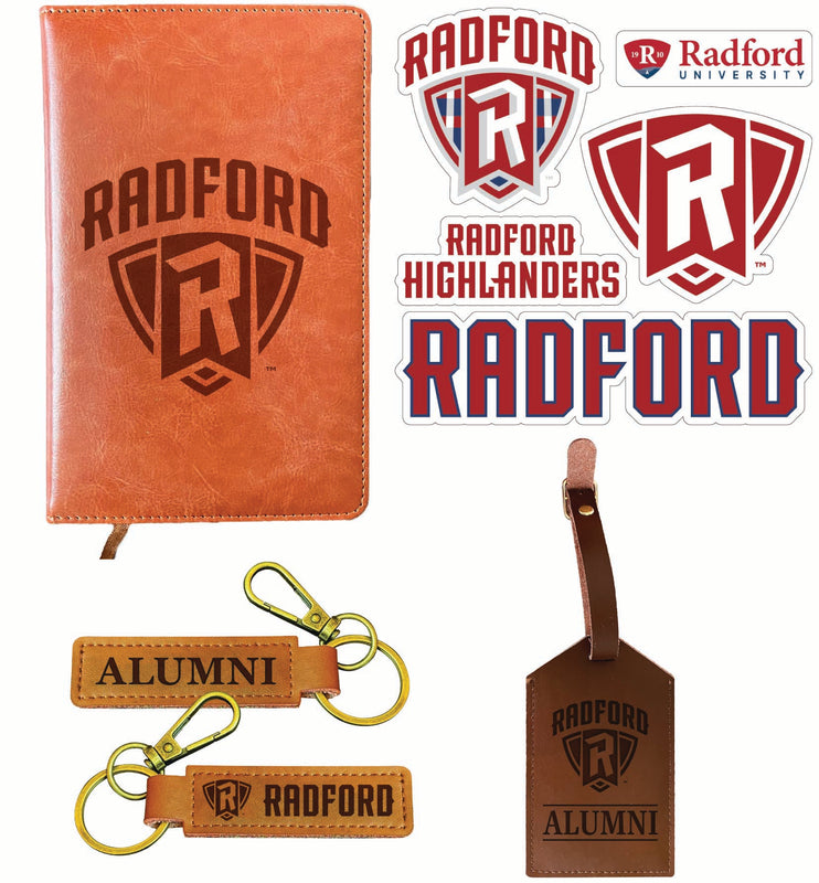Radford University Highlanders Officially Licensed College Graduation Gift Set – Engraved Leather Journal, Leather Alumni Keychain, Luggage Tag & 5-Pack Stickers 