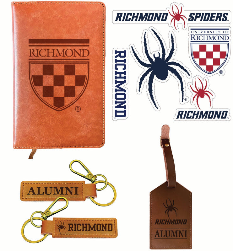 Richmond Spiders Officially Licensed College Graduation Gift Set – Engraved Leather Journal, Leather Alumni Keychain, Luggage Tag & 5-Pack Stickers 