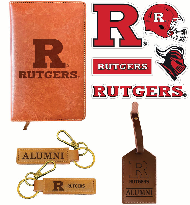 Rutgers Scarlet Knights Officially Licensed College Graduation Gift Set – Engraved Leather Journal, Leather Alumni Keychain, Luggage Tag & 5-Pack Stickers 