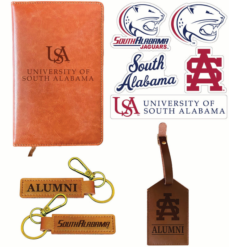 University of South Alabama Officially Licensed College Graduation Gift Set – Engraved Leather Journal, Leather Alumni Keychain, Luggage Tag & 5-Pack Stickers 