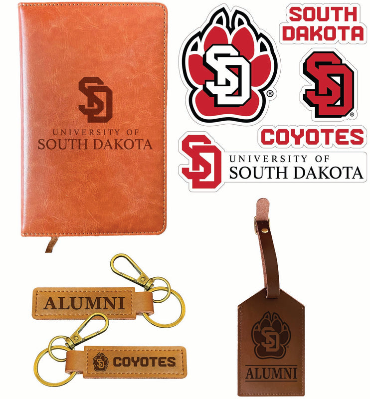 South Dakota Coyotes Officially Licensed College Graduation Gift Set – Engraved Leather Journal, Leather Alumni Keychain, Luggage Tag & 5-Pack Stickers 