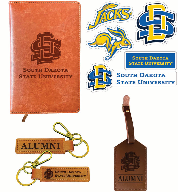South Dakota State Jackrabbits Officially Licensed College Graduation Gift Set – Engraved Leather Journal, Leather Alumni Keychain, Luggage Tag & 5-Pack Stickers 
