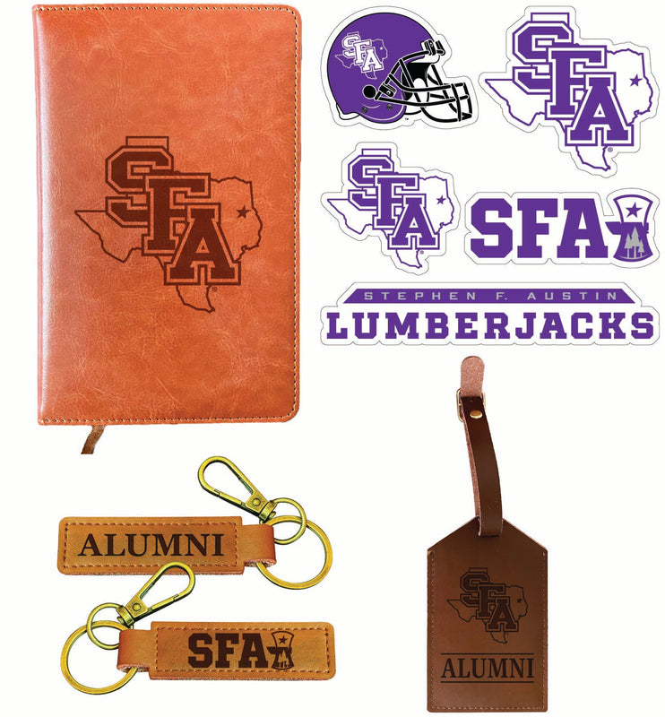 Stephen F. Austin State University Officially Licensed College Graduation Gift Set – Engraved Leather Journal, Leather Alumni Keychain, Luggage Tag & 5-Pack Stickers 