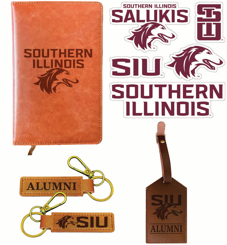 Southern Illinois Salukis Officially Licensed College Graduation Gift Set – Engraved Leather Journal, Leather Alumni Keychain, Luggage Tag & 5-Pack Stickers 