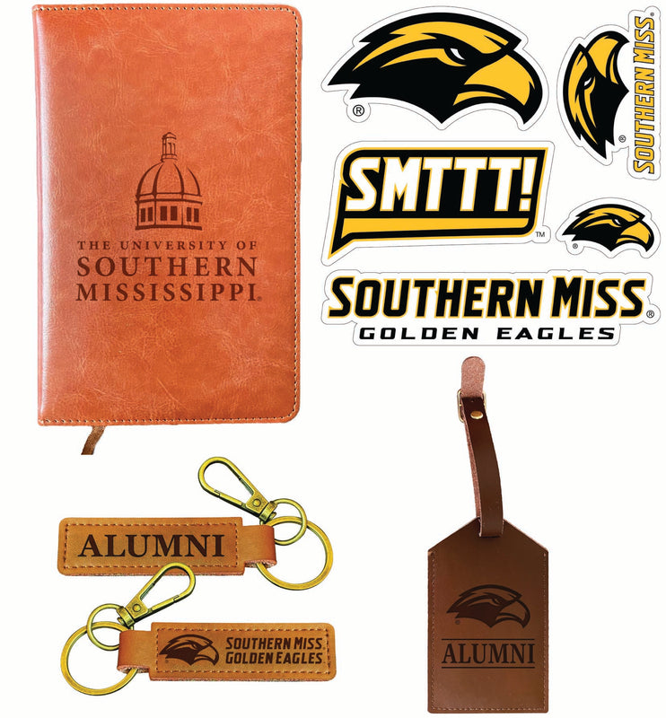 Southern Mississippi Golden Eagles Officially Licensed College Graduation Gift Set – Engraved Leather Journal, Leather Alumni Keychain, Luggage Tag & 5-Pack Stickers 