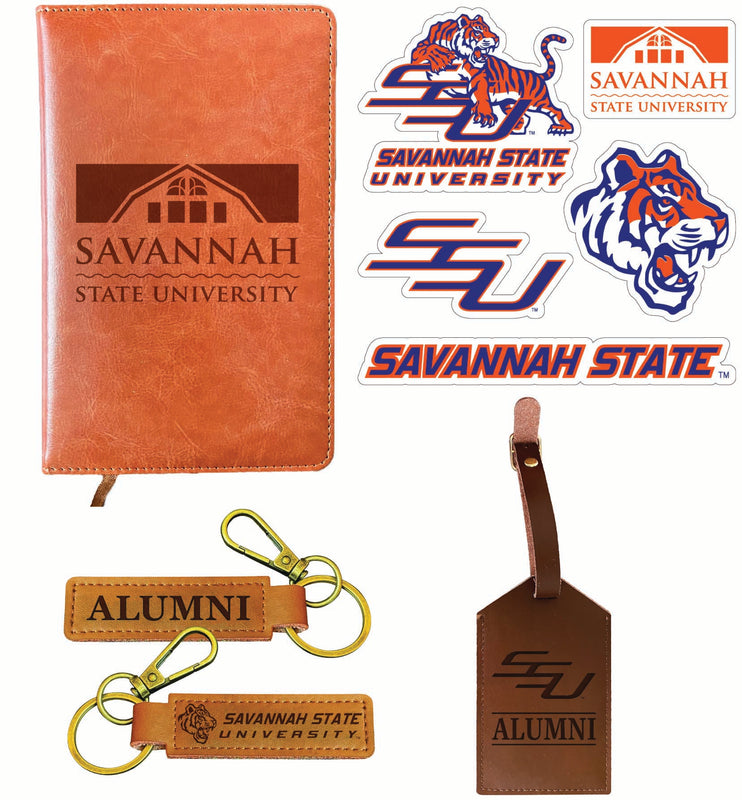 Savannah State University Officially Licensed College Graduation Gift Set – Engraved Leather Journal, Leather Alumni Keychain, Luggage Tag & 5-Pack Stickers 