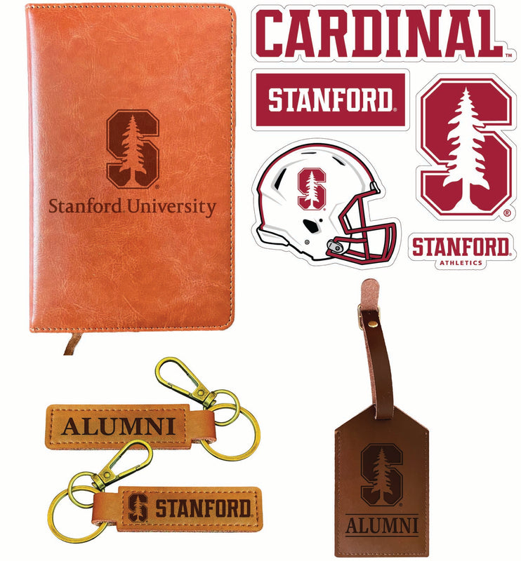 Stanford University Officially Licensed College Graduation Gift Set – Engraved Leather Journal, Leather Alumni Keychain, Luggage Tag & 5-Pack Stickers 