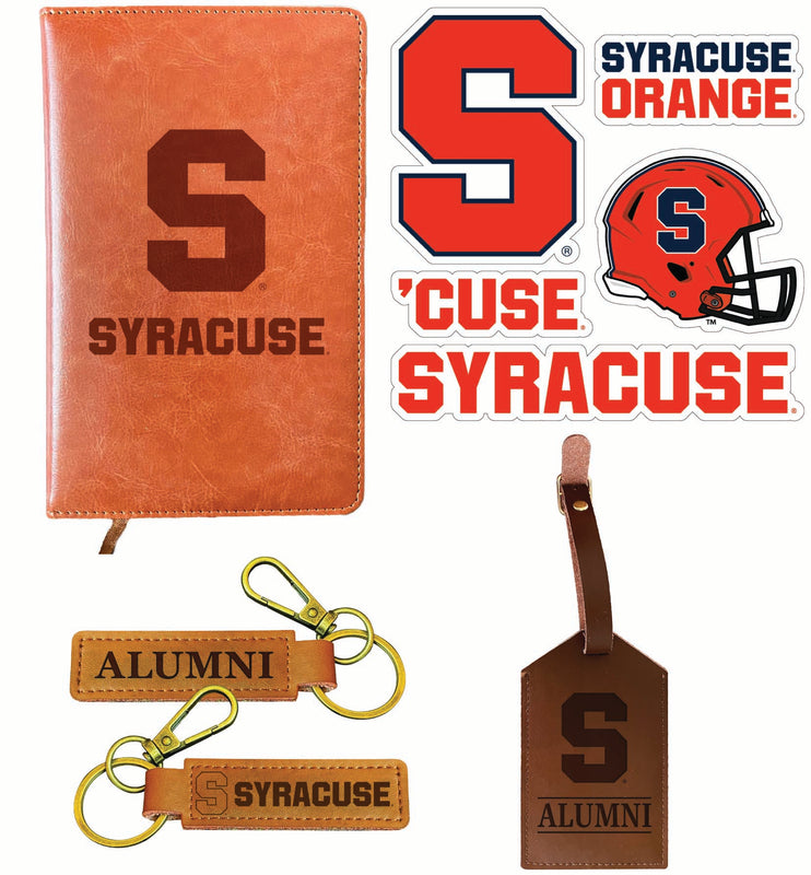 Syracuse Orange Officially Licensed College Graduation Gift Set – Engraved Leather Journal, Leather Alumni Keychain, Luggage Tag & 5-Pack Stickers 