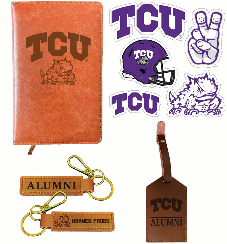 Texas Christian University Officially Licensed College Graduation Gift Set – Engraved Leather Journal, Leather Alumni Keychain, Luggage Tag & 5-Pack Stickers 