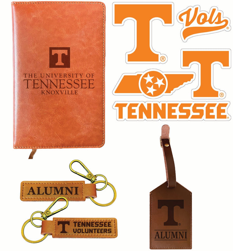 Tennessee Knoxville Officially Licensed College Graduation Gift Set – Engraved Leather Journal, Leather Alumni Keychain, Luggage Tag & 5-Pack Stickers 