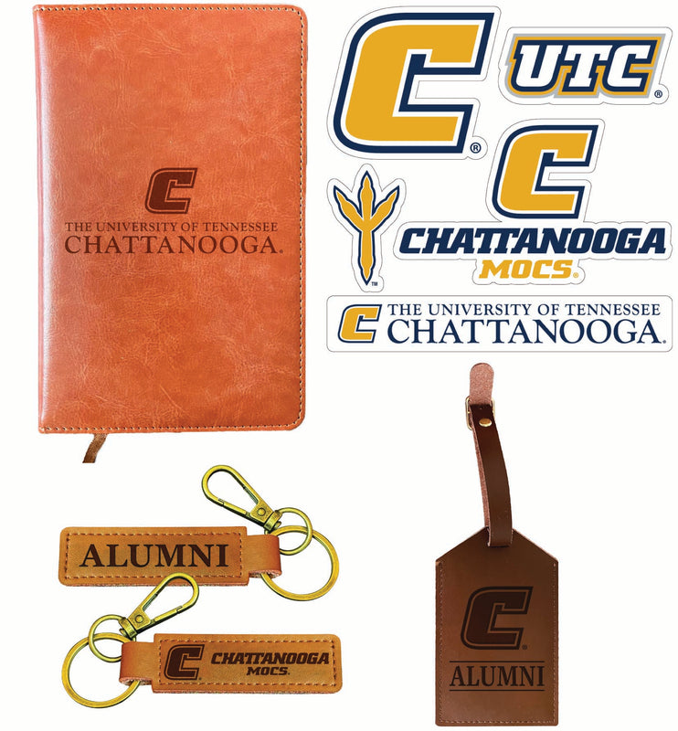 University of Tennessee at Chattanooga Officially Licensed College Graduation Gift Set – Engraved Leather Journal, Leather Alumni Keychain, Luggage Tag & 5-Pack Stickers 