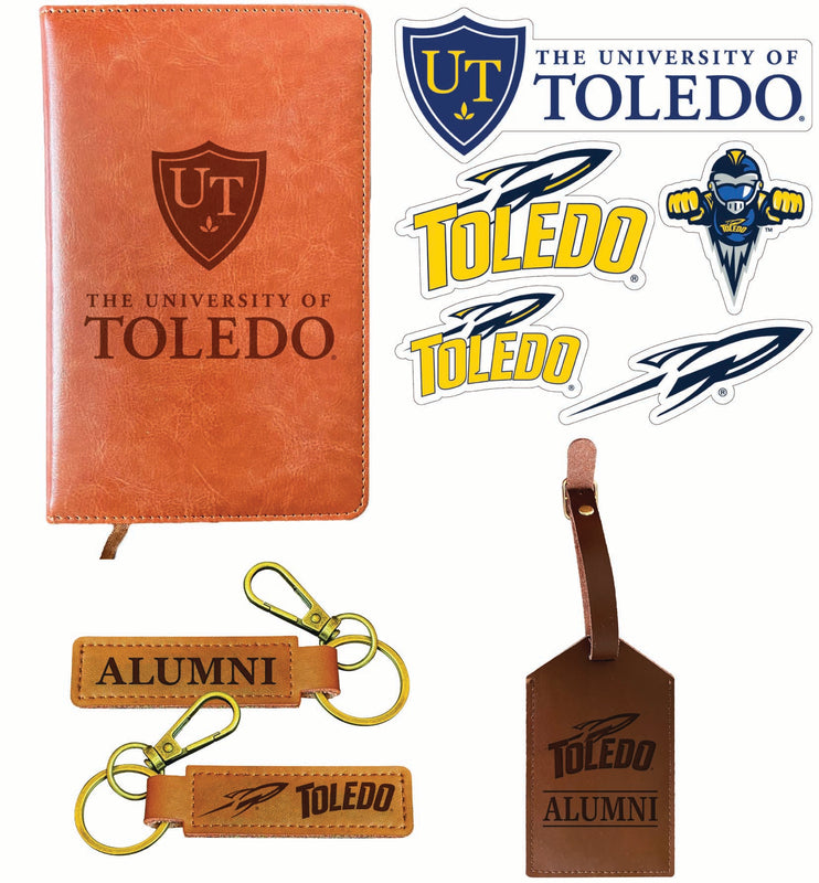 Toledo Rockets Officially Licensed College Graduation Gift Set – Engraved Leather Journal, Leather Alumni Keychain, Luggage Tag & 5-Pack Stickers 