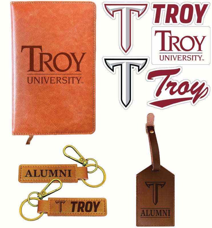 Troy University Officially Licensed College Graduation Gift Set – Engraved Leather Journal, Leather Alumni Keychain, Luggage Tag & 5-Pack Stickers 