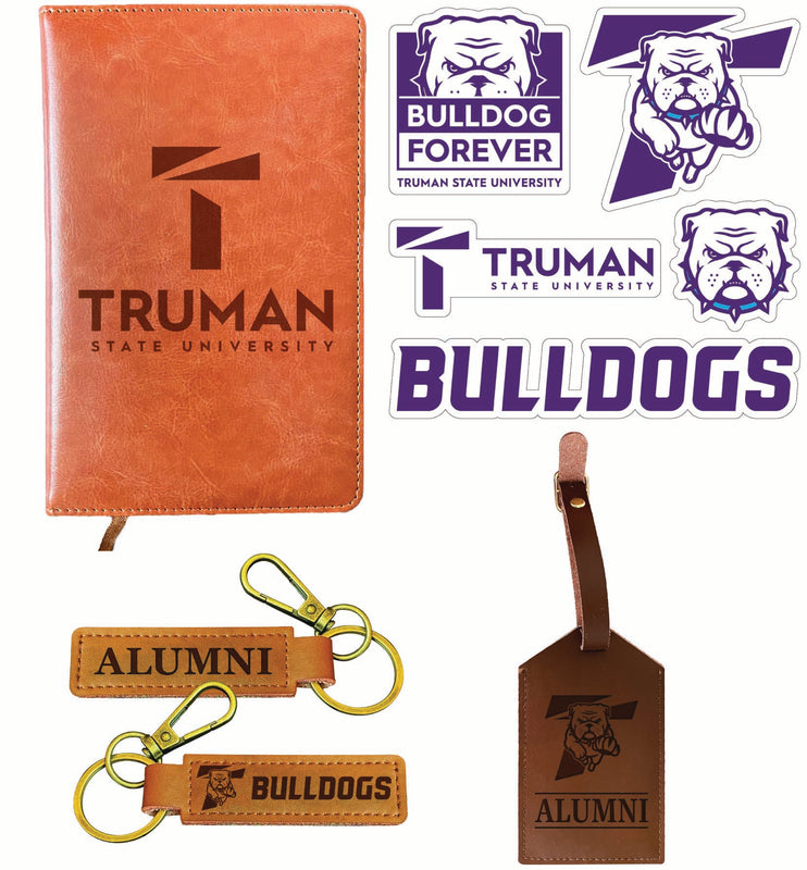 Truman State University Officially Licensed College Graduation Gift Set – Engraved Leather Journal, Leather Alumni Keychain, Luggage Tag & 5-Pack Stickers 