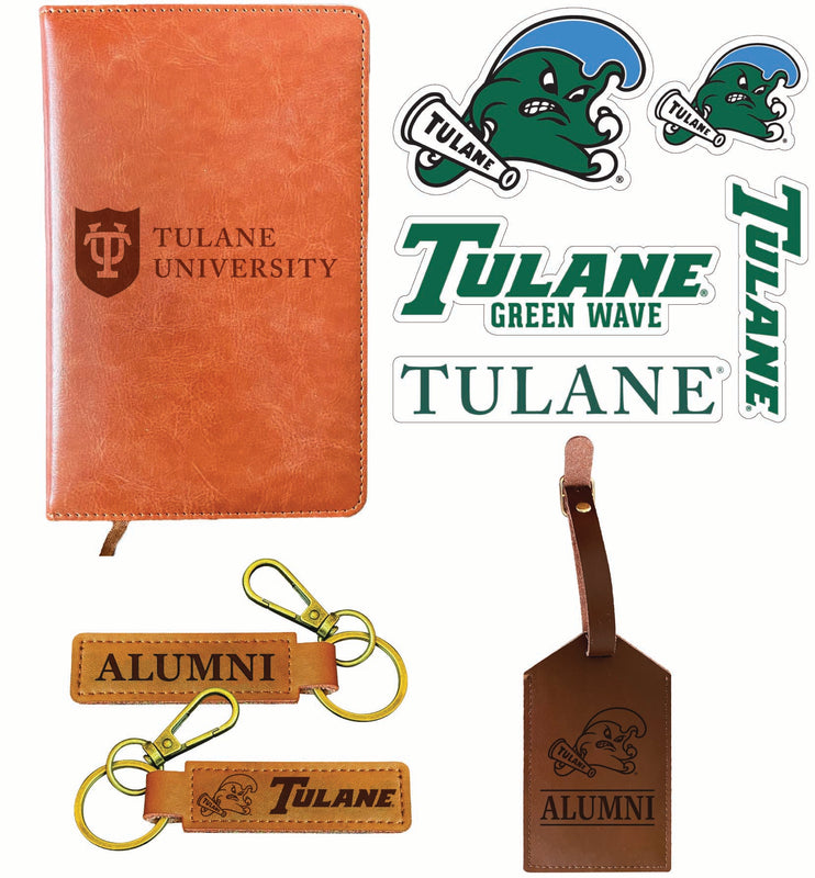 Tulane University Green Wave Officially Licensed College Graduation Gift Set – Engraved Leather Journal, Leather Alumni Keychain, Luggage Tag & 5-Pack Stickers 