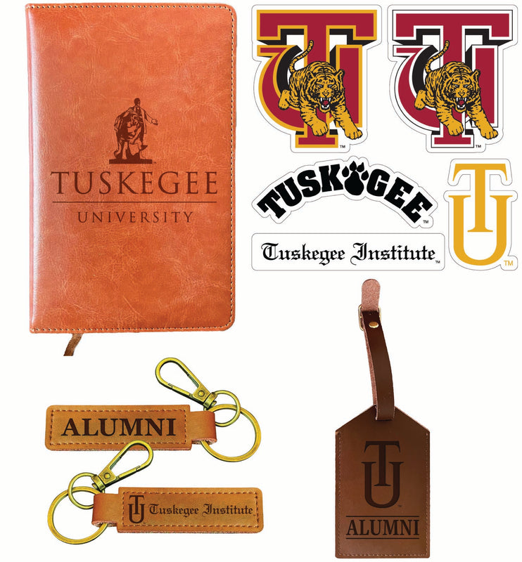Tuskegee University Officially Licensed College Graduation Gift Set – Engraved Leather Journal, Leather Alumni Keychain, Luggage Tag & 5-Pack Stickers 