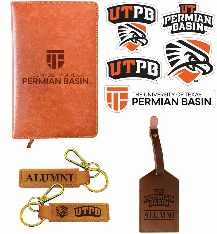 University of Texas of the Permian Basin Officially Licensed College Graduation Gift Set – Engraved Leather Journal, Leather Alumni Keychain, Luggage Tag & 5-Pack Stickers 