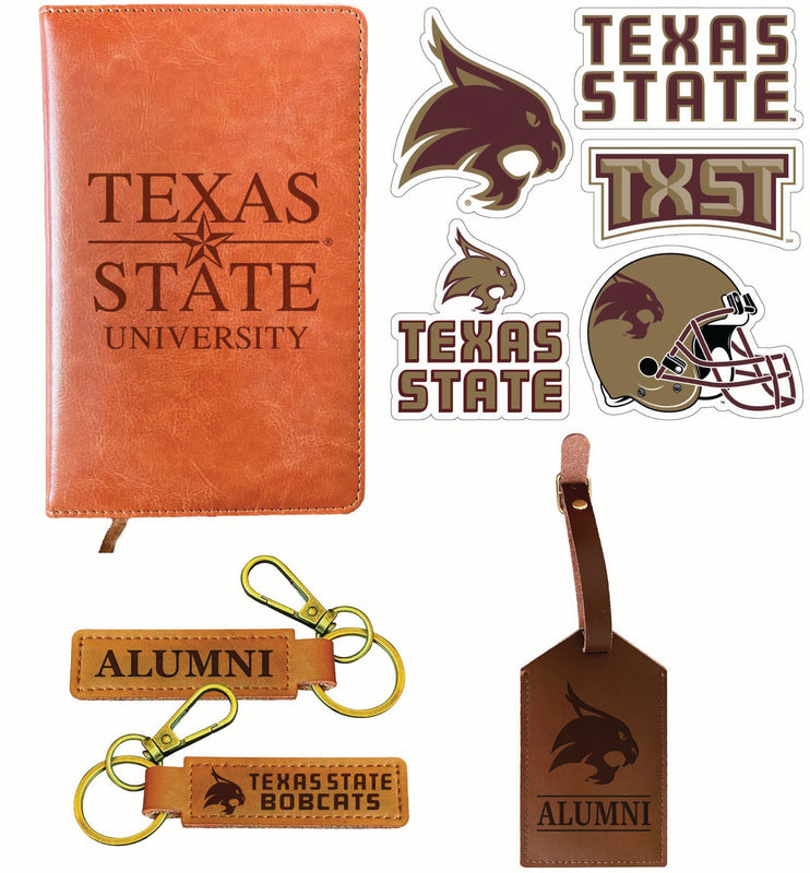 Texas State Bobcats Officially Licensed College Graduation Gift Set – Engraved Leather Journal, Leather Alumni Keychain, Luggage Tag & 5-Pack Stickers 
