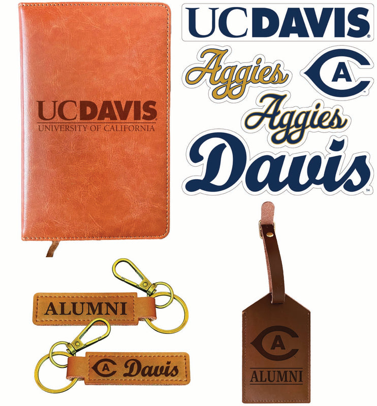 UC Davis Aggies Officially Licensed College Graduation Gift Set – Engraved Leather Journal, Leather Alumni Keychain, Luggage Tag & 5-Pack Stickers 
